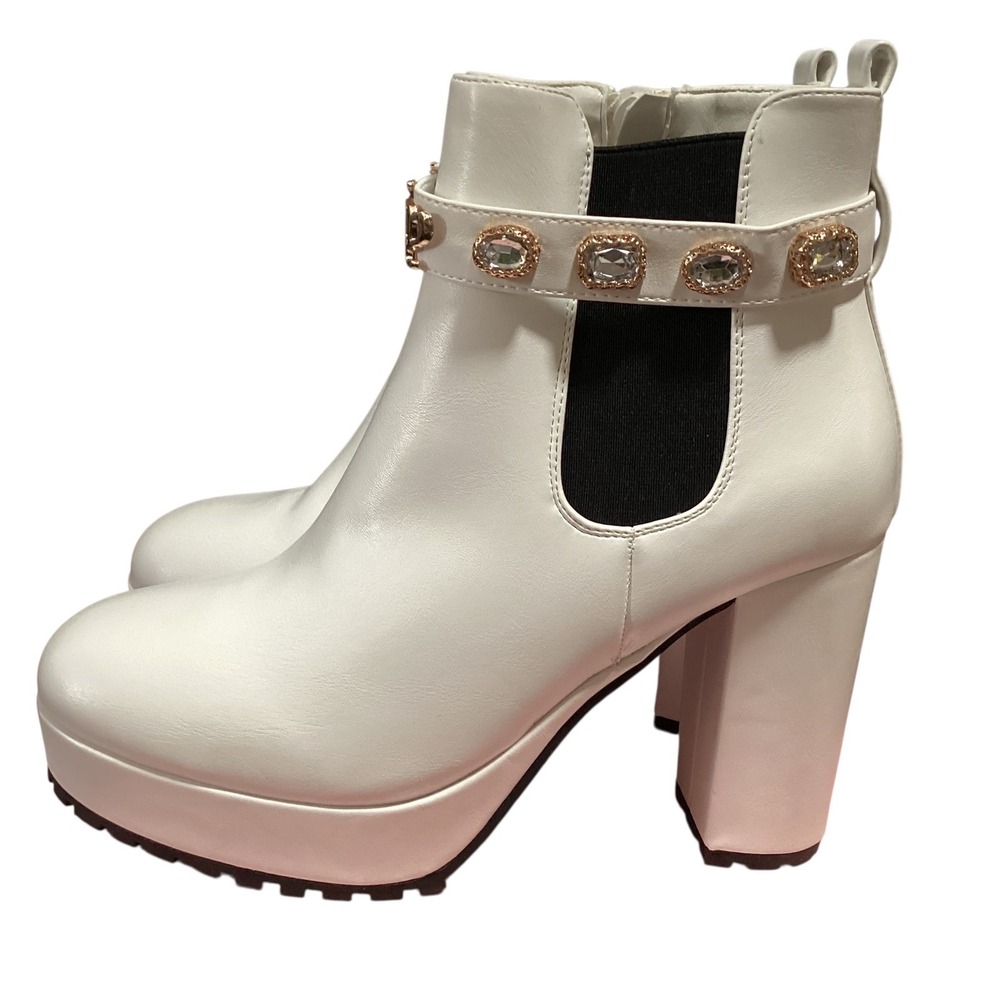 Juicy Couture Python White Platform Ankle Boots Rhinestone Logo Womens 8 New